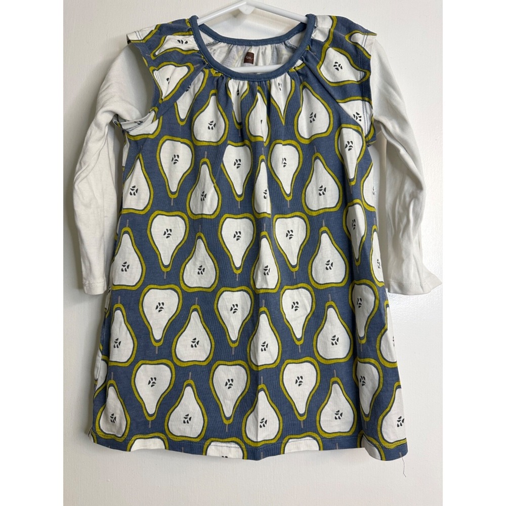 Tea Collection Size‎ 3 Pear Print Mock Layered Long Sleeve Dress Blue Green